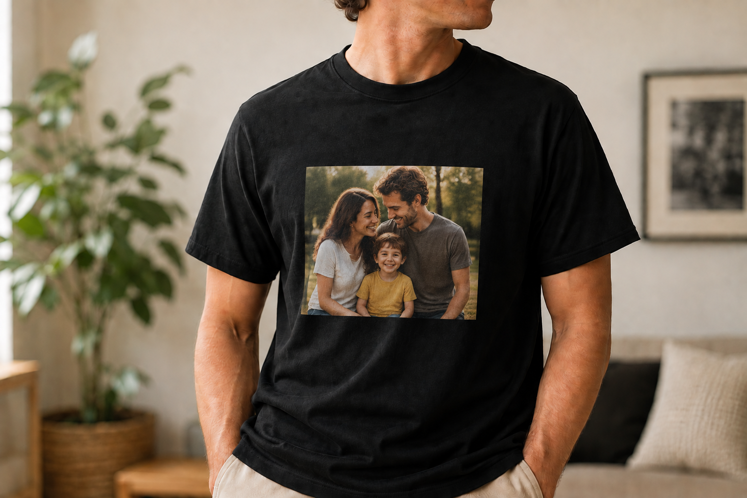 Finished custom photo print on a black T-shirt