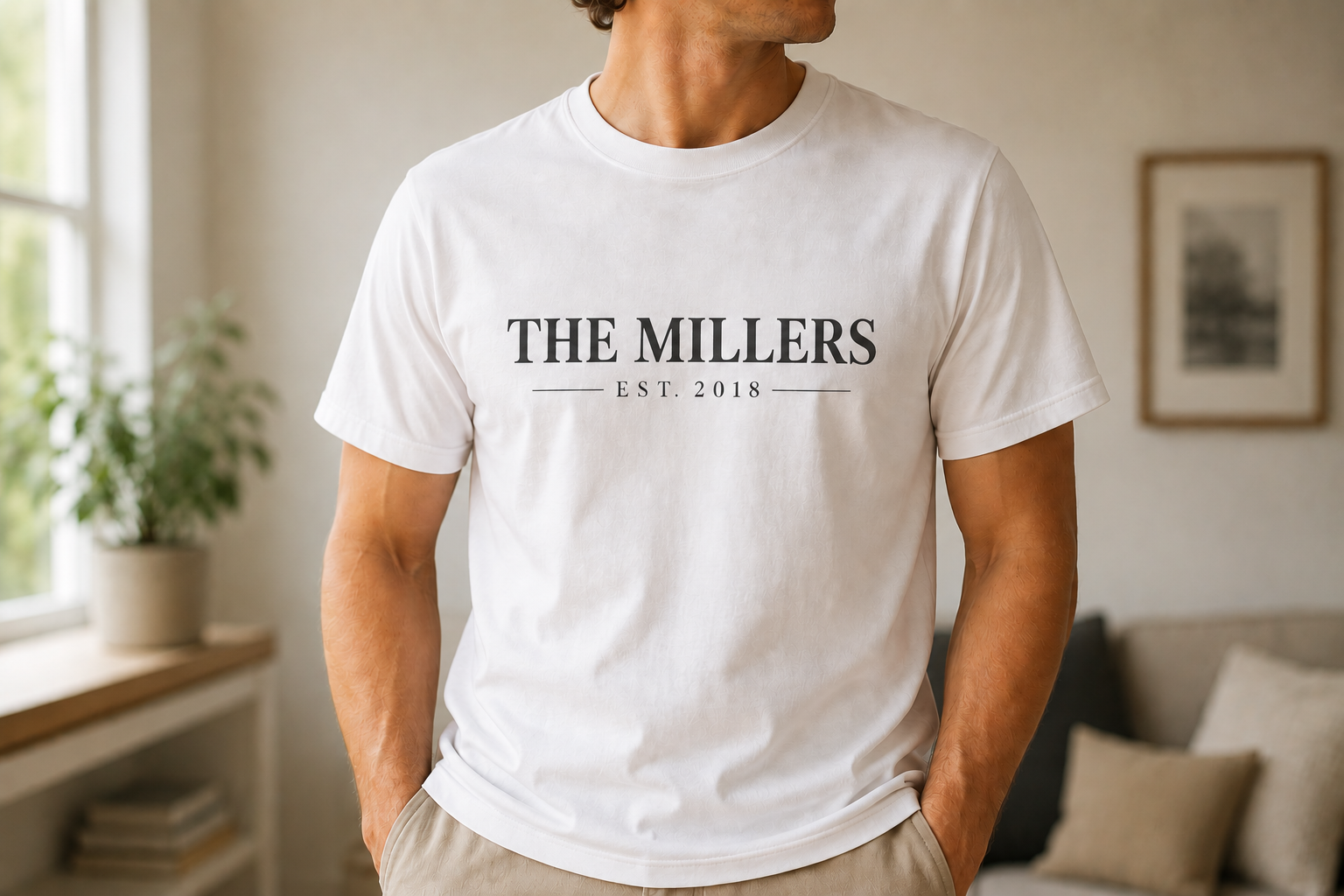 A couple wearing custom T-shirts