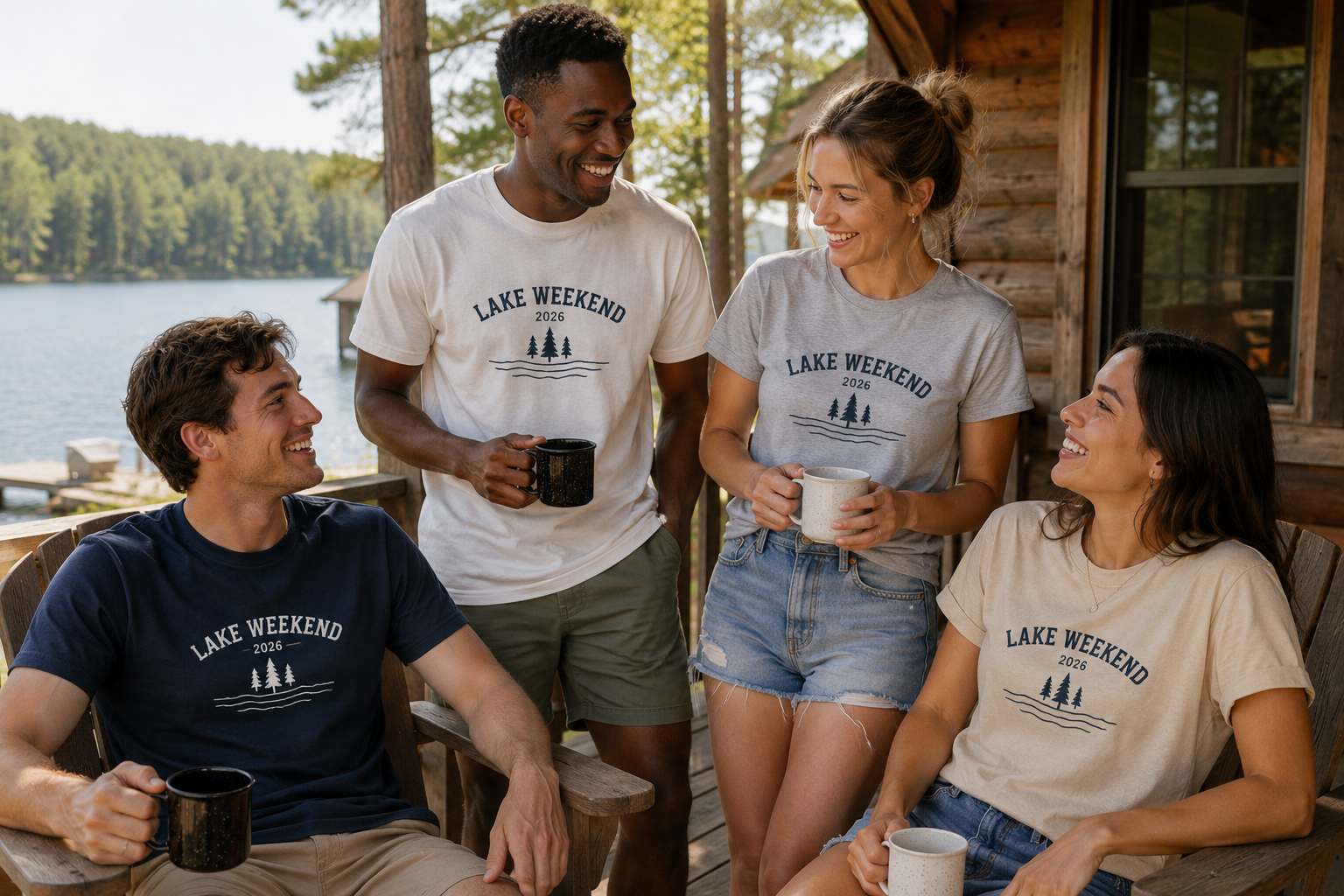 Friends wearing matching custom T-shirts