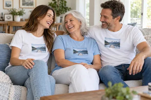 Illustrative family reunion wearing matching printed T-shirts