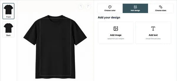 Actual COOZEBRA customizer showing a black T-shirt print area and Add image and Add text controls