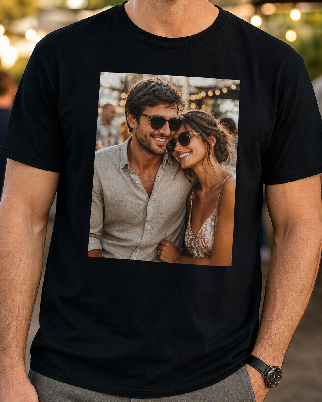 Finished custom photo print on the front of a black T-shirt