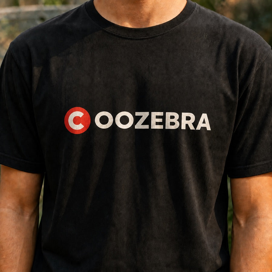 COOZEBRA logo printed on a black custom T-shirt