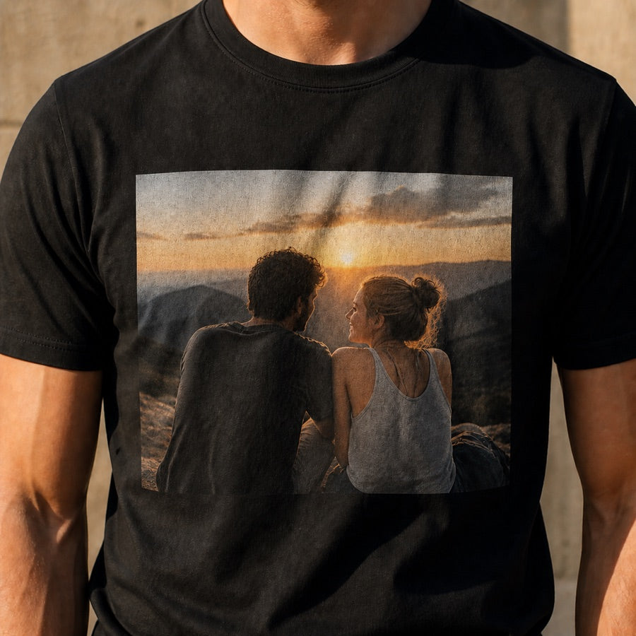 Photo printed on a black custom T-shirt
