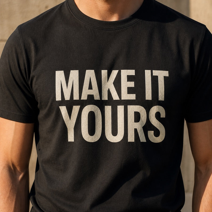 Text printed on a black custom T-shirt