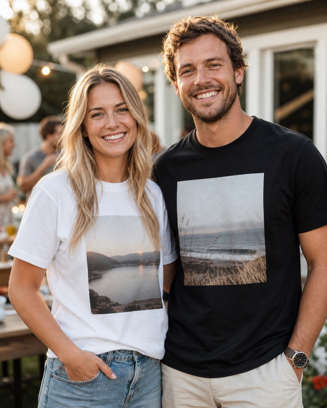 Couple wearing custom photo T-shirts