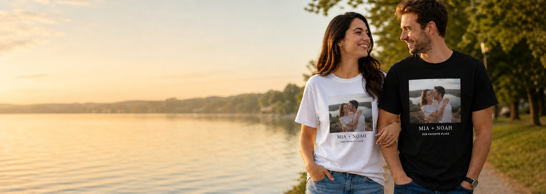 A couple sharing a custom photo T-shirt