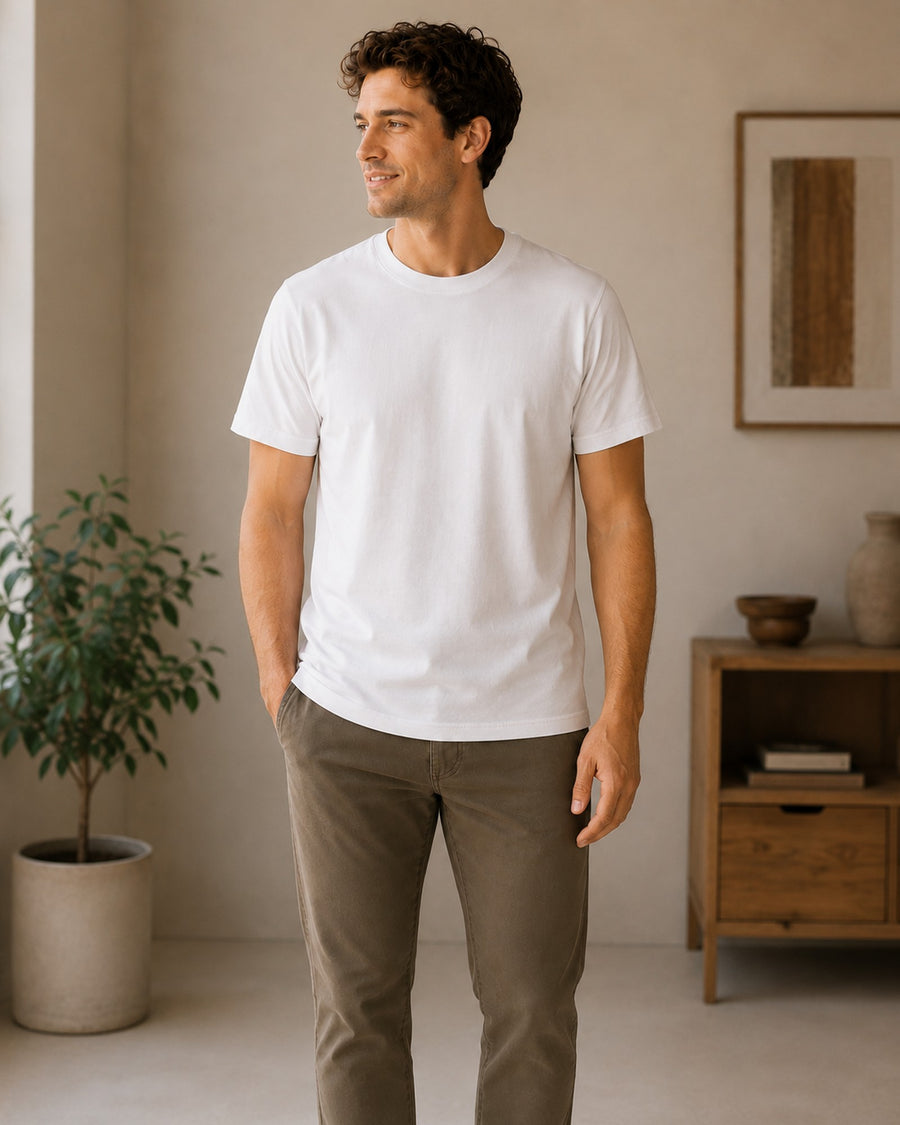 Model wearing a white T-shirt with a regular unisex fit