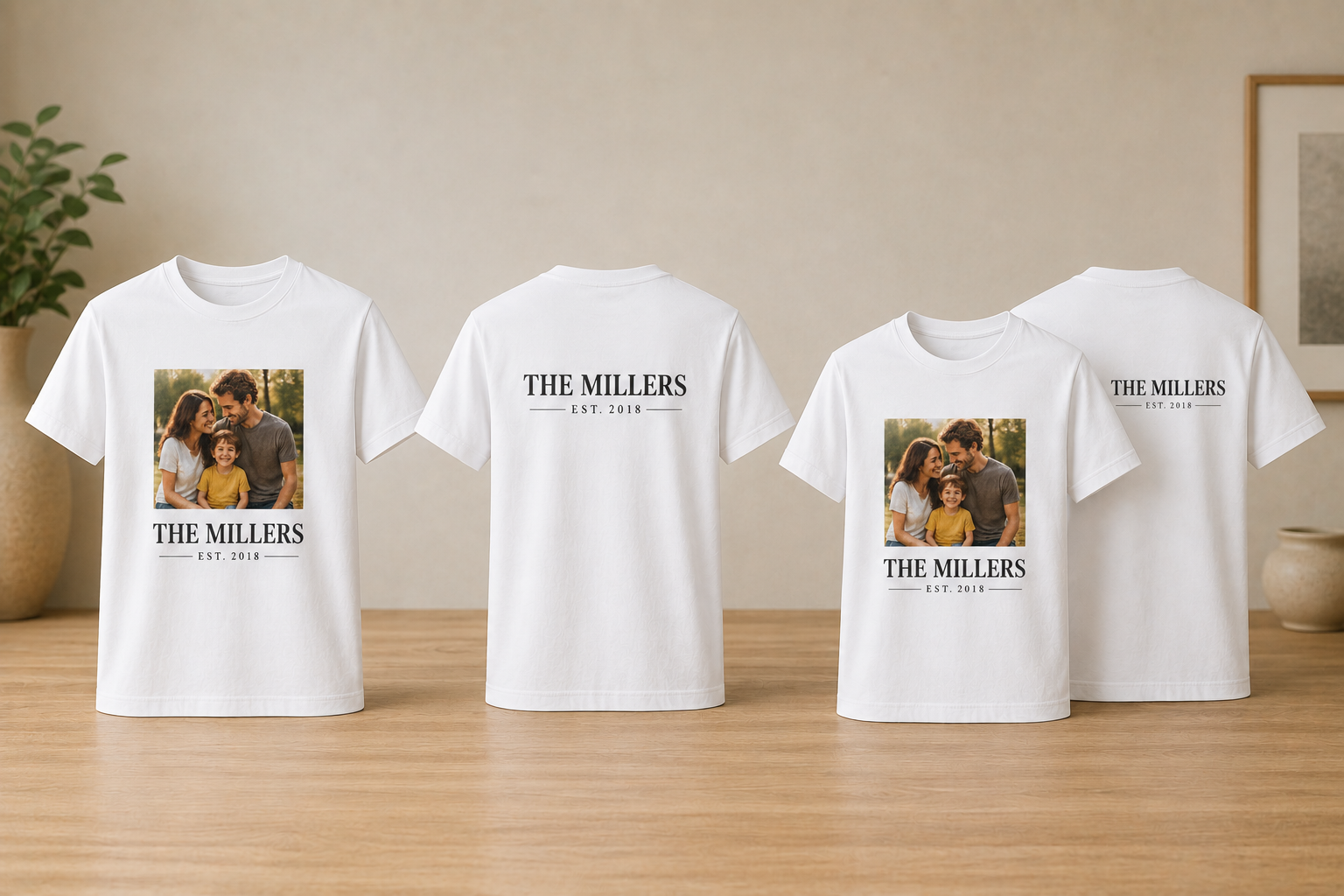 A group wearing matching custom T-shirts