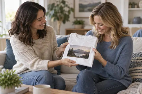 Illustrative scene of a custom T-shirt being given as a personal gift