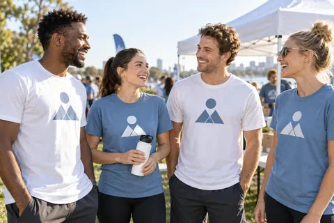 Illustrative event team in matching printed T-shirts